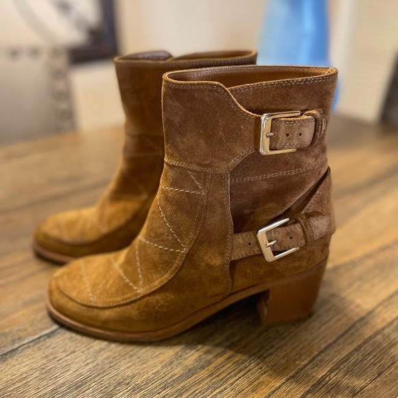 Laurence Dacade Babacar Camel Quilted Round Toe Buckle Suede Boots Size 37 6.5 - Picture 1 of 13